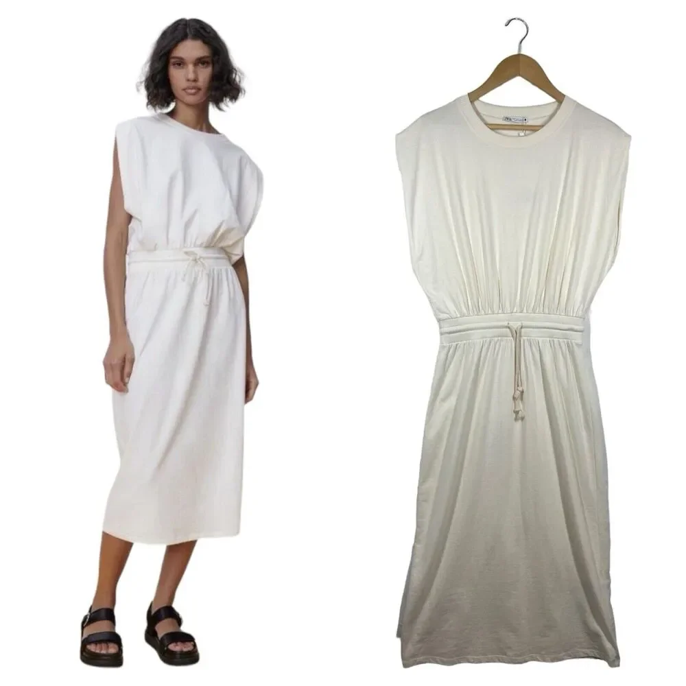 New Zara Dress Womens M Extended Shoulder Midi Tank Cinched Drawcord Waist Ivory - Picture 3 of 16